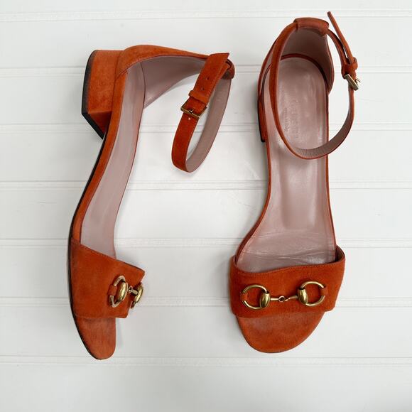 Gucci Horsebit Liliane Flat Suede Sandals Orange Gold Ankle Cuff Strap 37 - Picture 10 of 11